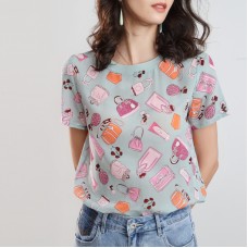 夏季新款真絲短袖T恤少女韓版妝品印花